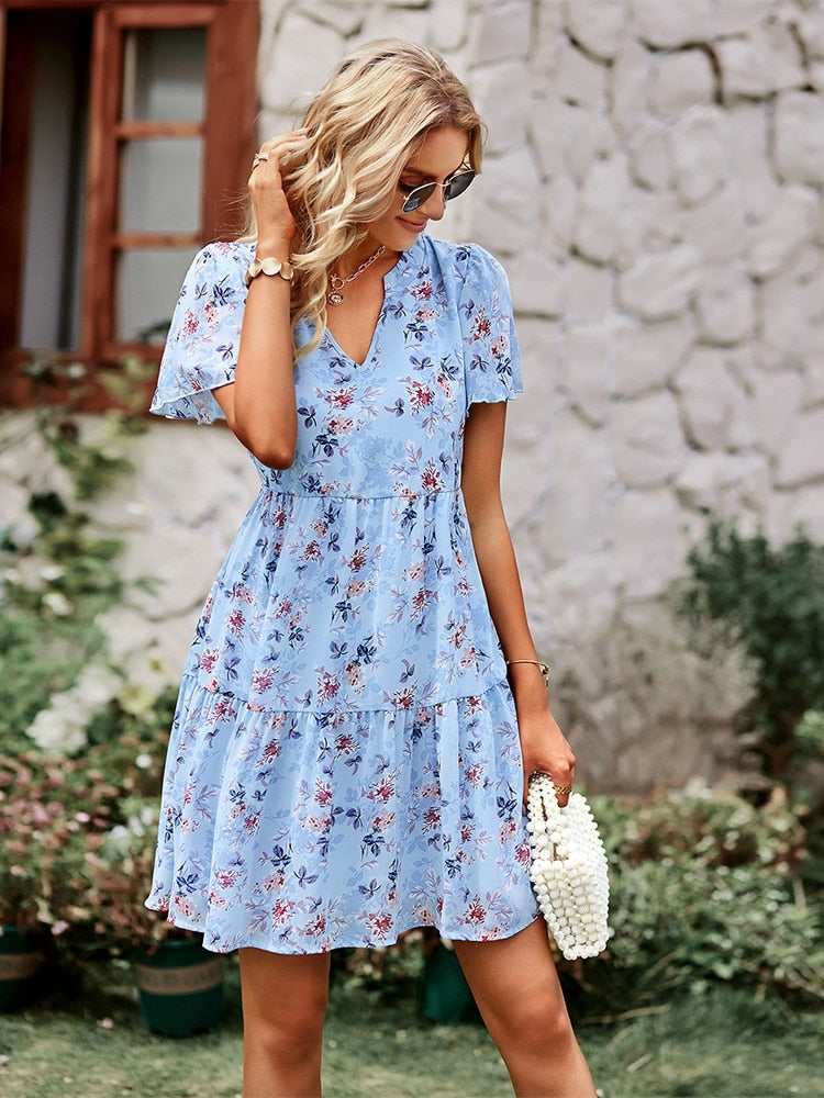 Amy Fashion - V Neck Short Sleeve Loose Chic Printed Dresses