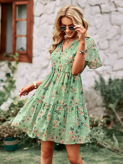 Amy Fashion - V Neck Short Sleeve Loose Chic Printed Dresses