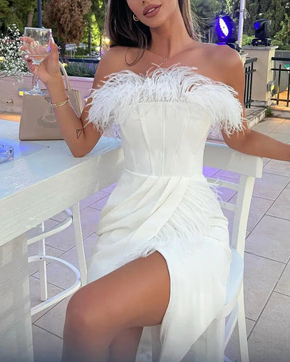 Amy Fashion - Feathers Off-Shoulder Tube Top Bodycon Dress