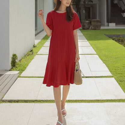 Amy Fashion - O-Neck Zipper Short Sleeve Loose Midi Dress