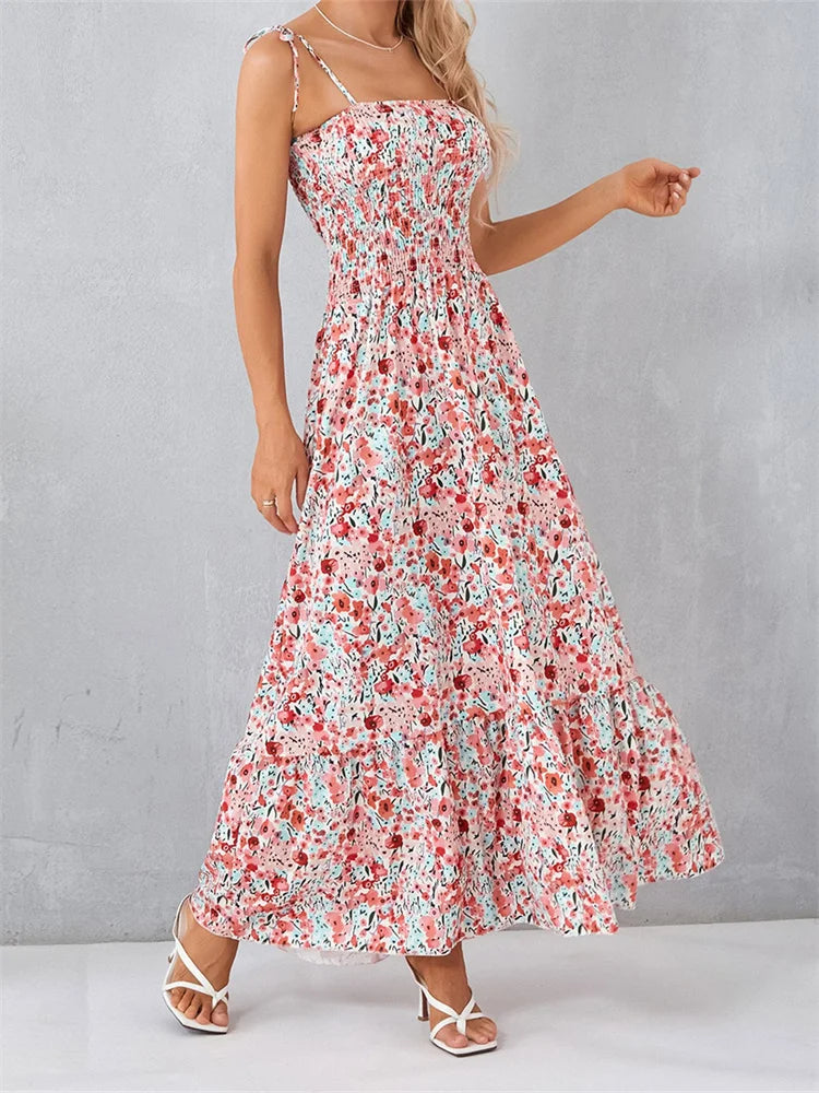 Amy Fashion - Vintage Women Sleeveless Tie-up Spaghetti Strap Floral Print Summer  Party Beach Female Vestidos