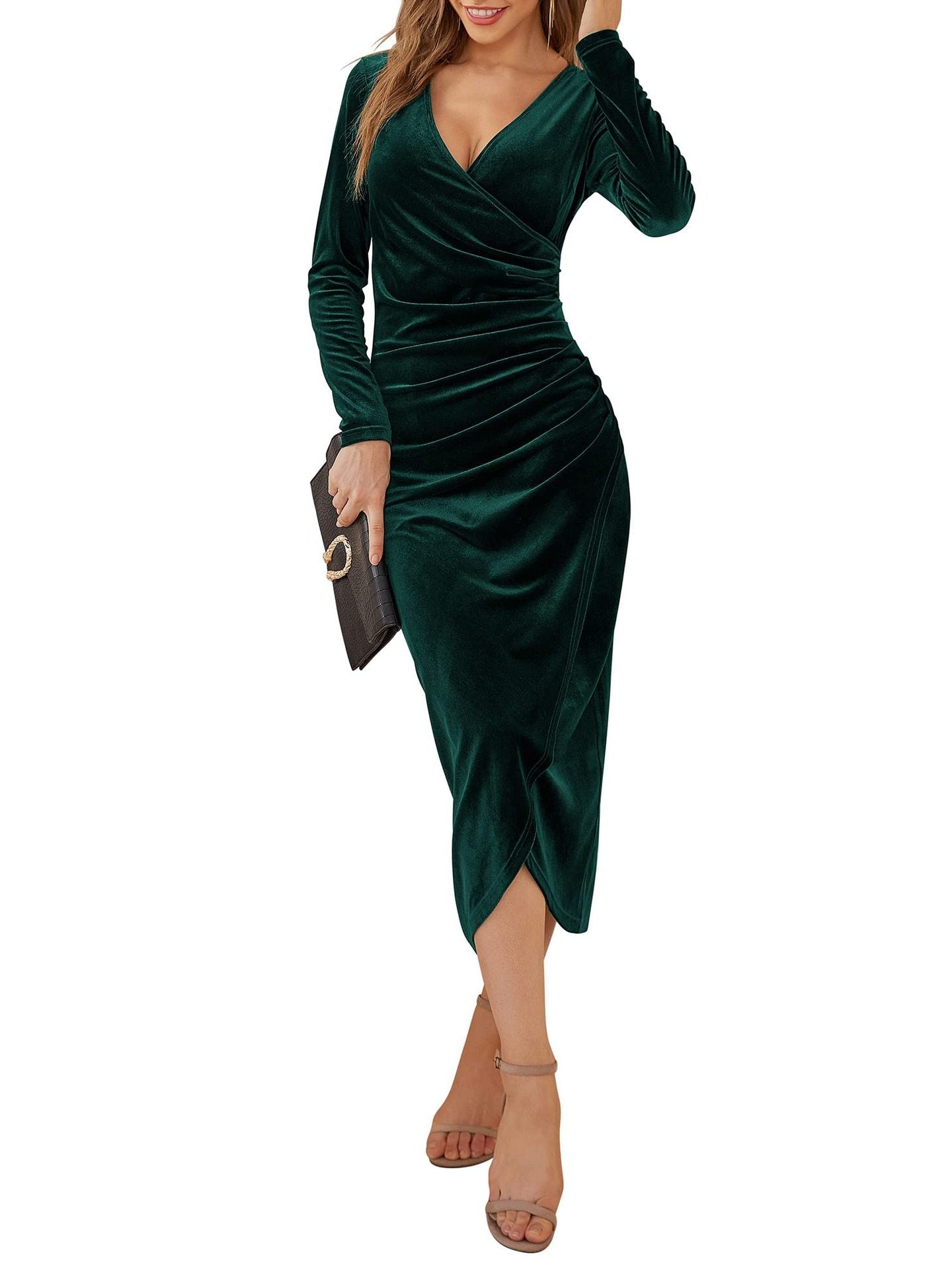 Amy Fashion - Autumn Velvet Bodycon Black Midi Dress