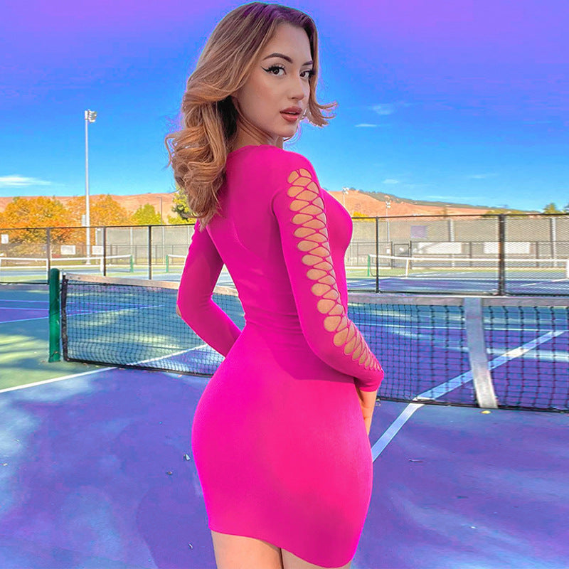 Amy Fashion - Neon Sexy Hollow Out O-Neck Bodycon Dresses