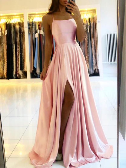 Amy Fashion - A-line Long Satin Spaghetti Straps Sexy Slit Wedding Dress