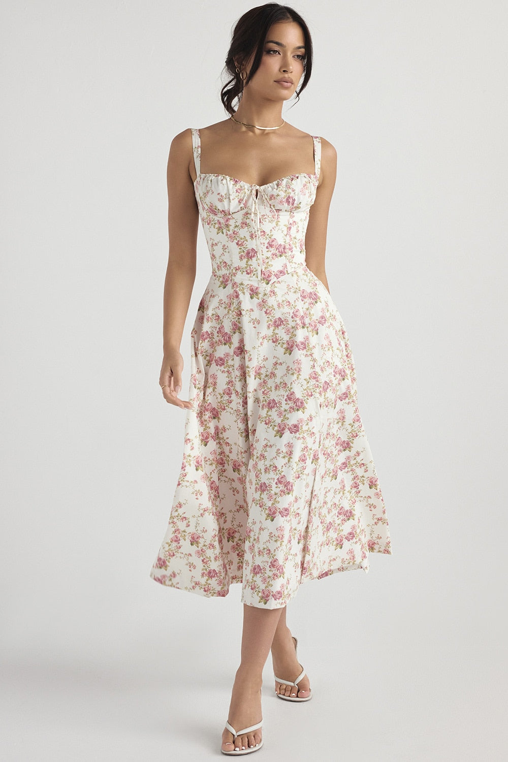 Amy Fashion - Floral Print Split Spaghetti Strap Sleeveless Midi Dress