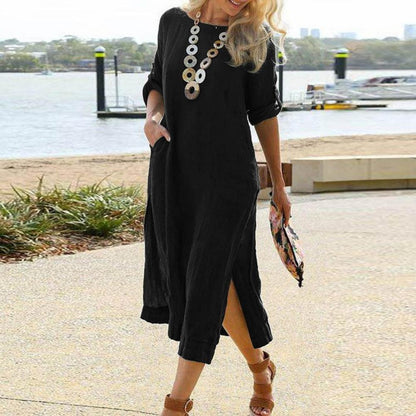 Amy Fashion - Sleeve Button O Neck Slit Hem Long Dress