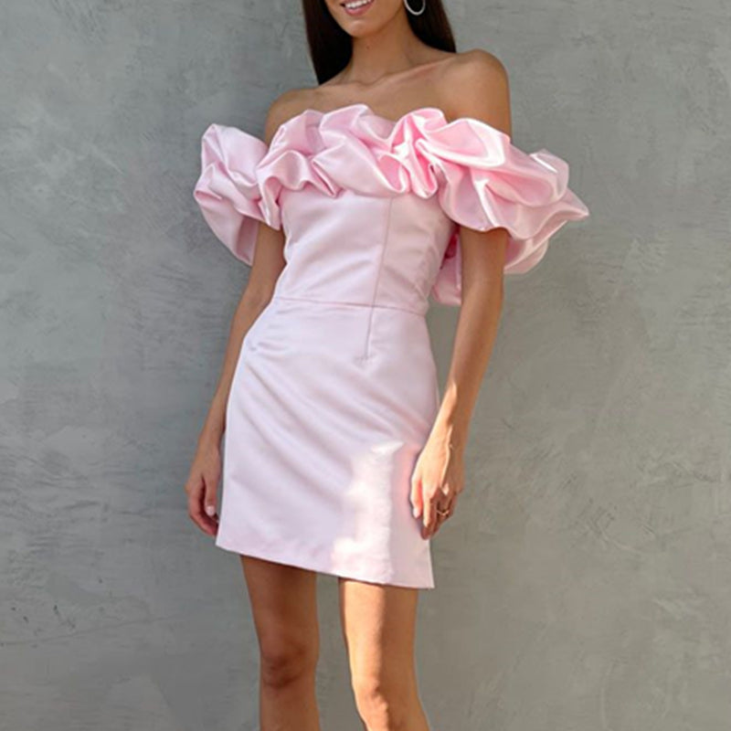 Amy Fashion - Bodycon Solid Color Ruffled Off-shoulder Dress