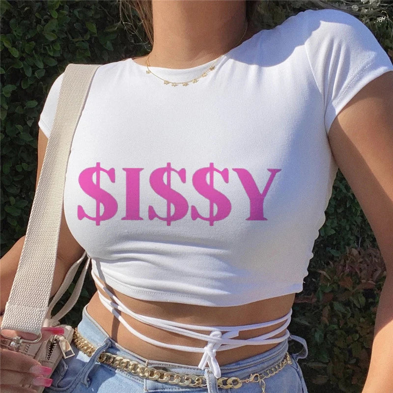 Sexy White Short Crop Bandage Casual Short Sleeve Female Y2K Crop Top