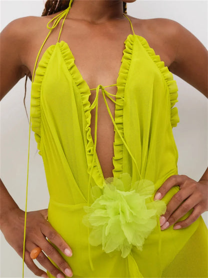 Amy Fashion - Sexy Women Summer Beach  Sleeveless Halter Tie-up Backless See-through Flower Split Ruffles Vestidos