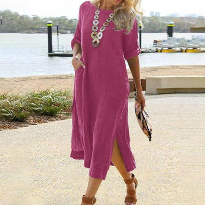 Amy Fashion - Sleeve Button O Neck Slit Hem Long Dress