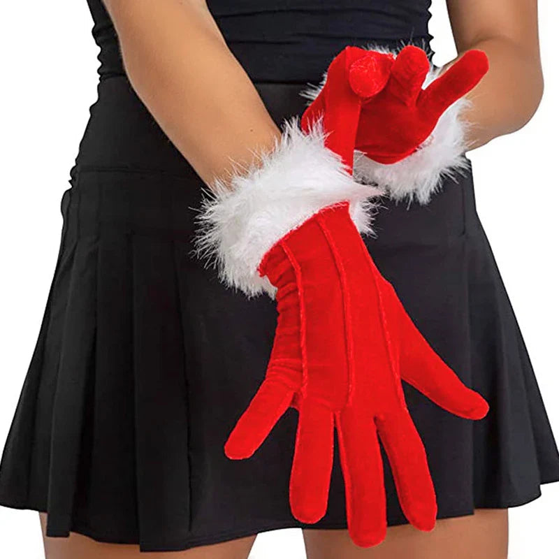 Santa Claus Festive White Fur Red Full Finger Fancy Dress Party Christmas Glove