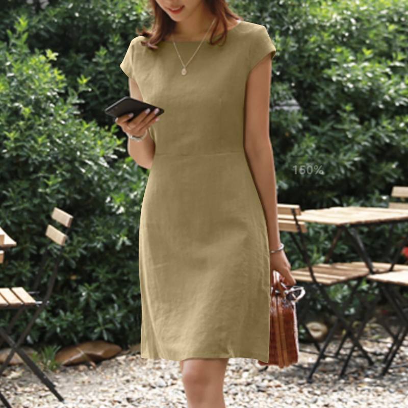 Amy Fashion - O-Neck Zipper Short Sleeve Loose Midi Dress