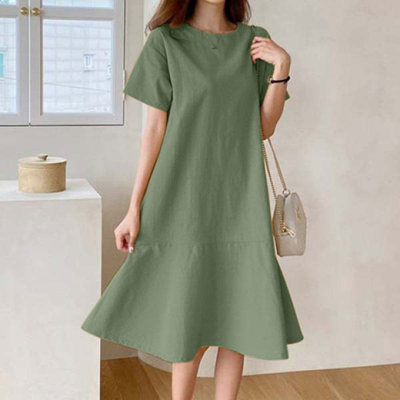 Amy Fashion - O-Neck Zipper Short Sleeve Loose Midi Dress