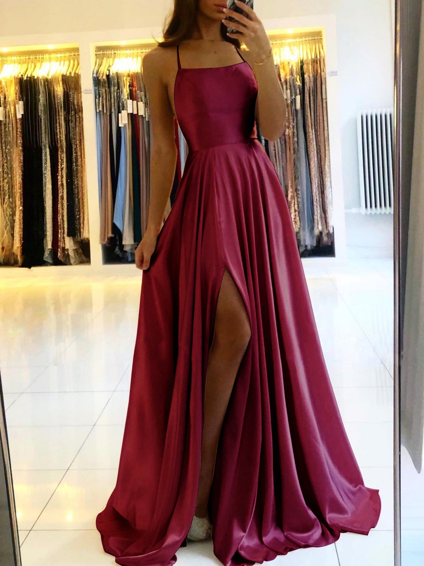 Amy Fashion - A-line Long Satin Spaghetti Straps Sexy Slit Wedding Dress