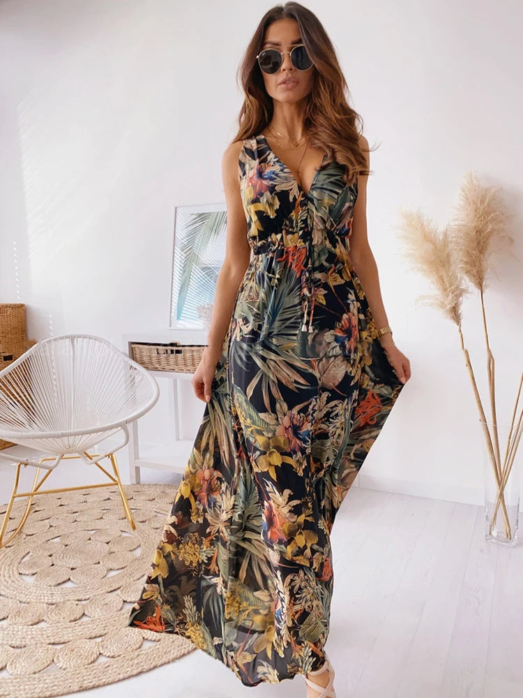 Amy Fashion - Deep V Neck Print Sleeveless Boho Dress