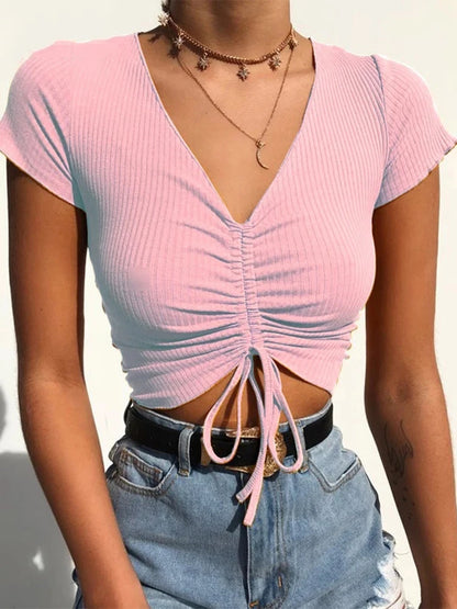 AMY FASHION - Sexy V Neck Drawstring Tie Up Front Camis Crop Top