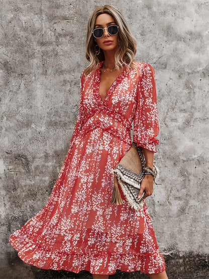 Amy Fashion - Butterfly Sleeve High Waist Casual Print Dresses