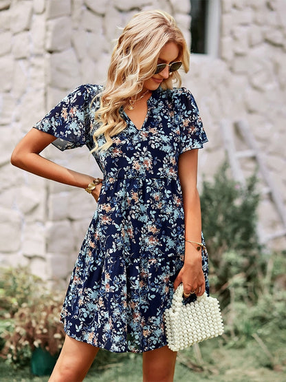 Amy Fashion - V Neck Short Sleeve Loose Chic Printed Dresses