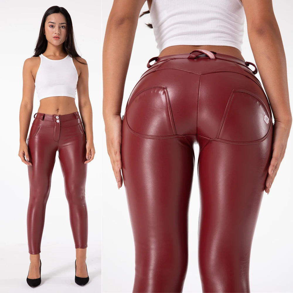 Skin Tight Dark Red Leather Faux Stretch Slim Fit Pants