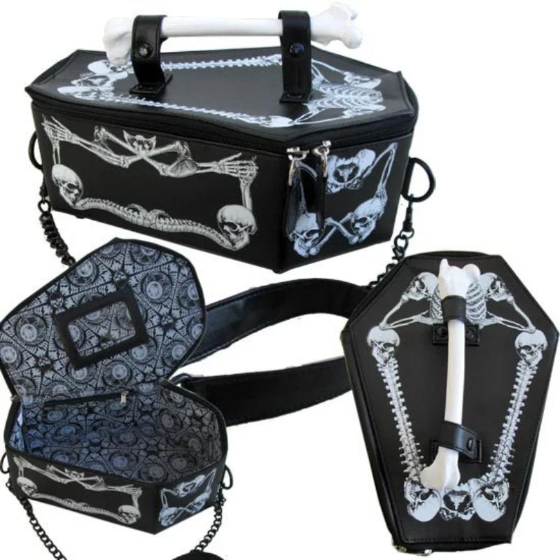 Black PU Crossbody Bag Bat Gothic Coffin Skeleton Leather