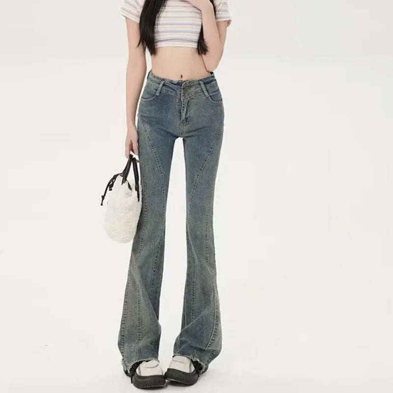 Amy Fashion - Small American Retro Micro Flared High Waisted Slim Versatile Floor Mop Jean