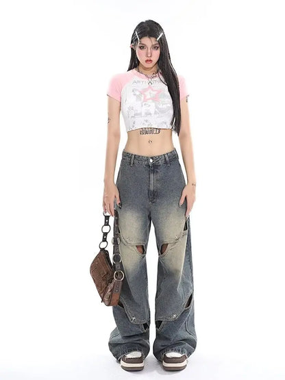 Amy Fashion - Small Crowd Deconstruction Design Sense High Street Wide Leg Trendy Brand Women's Jean