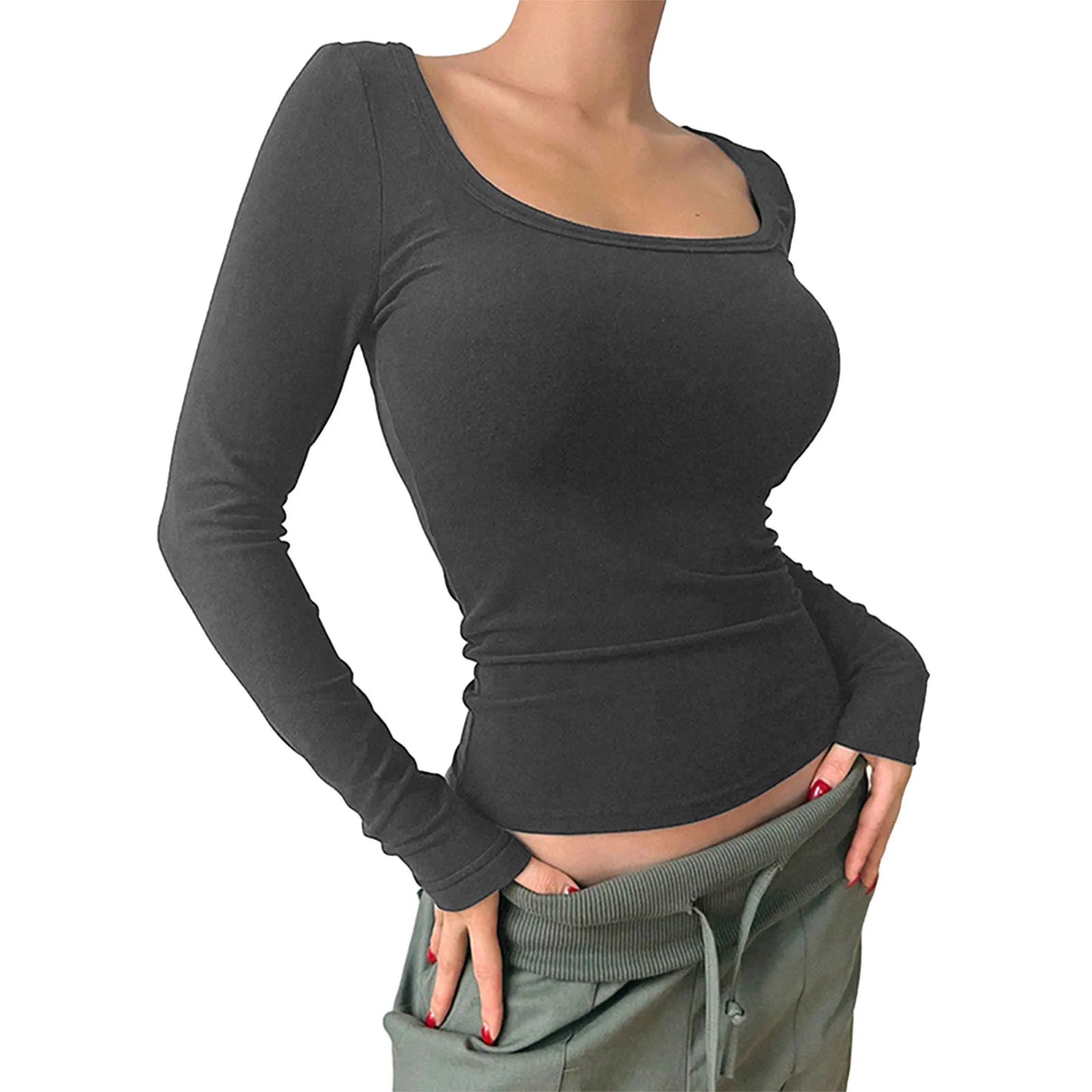 Scoop Neck Slim Fit Seamless Y2K Solid Color Tight Long Sleeve Crop Top