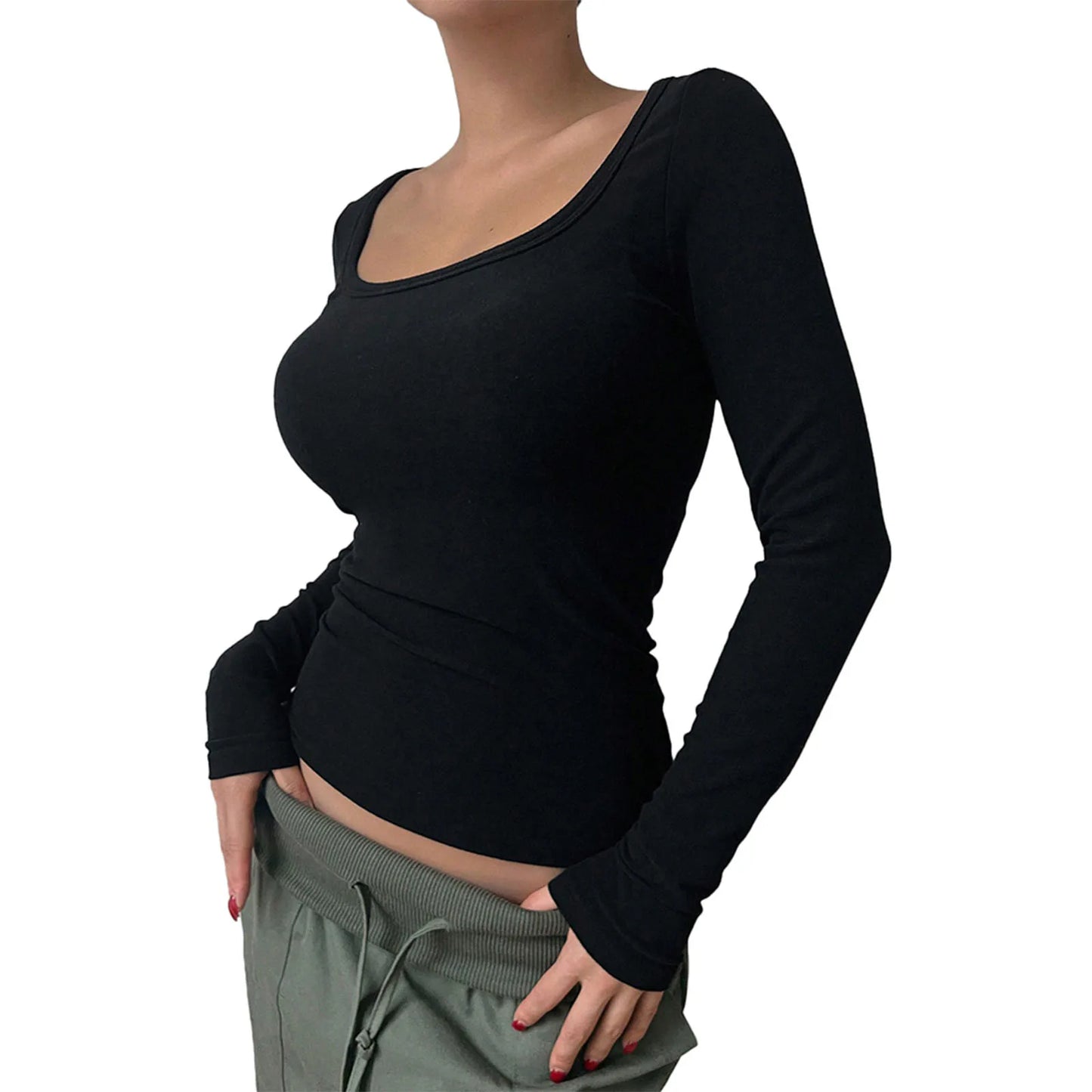 Scoop Neck Slim Fit Seamless Y2K Solid Color Tight Long Sleeve Crop Top