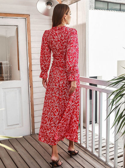 Amy Fashion - Slim High Waist V Neck Flare Sleeve Floral Maxi Dresses