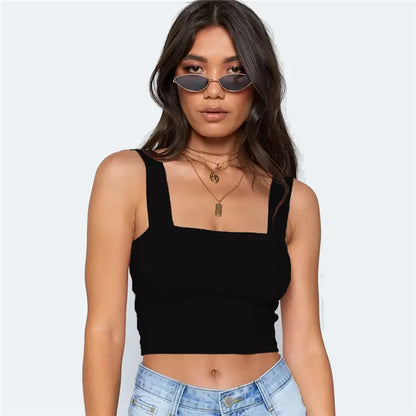 Square Neck Sleeveless Summer White Black Casual Basic Off Shoulder Backless Crop Top