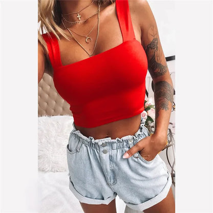 Square Neck Sleeveless Summer White Black Casual Basic Off Shoulder Backless Crop Top