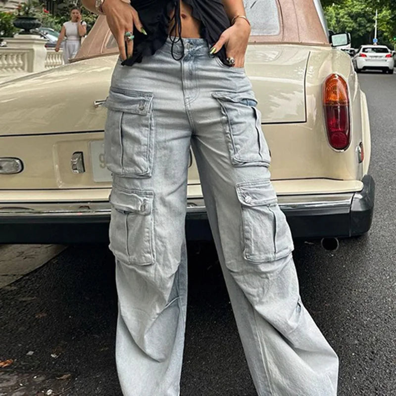 Amy Fashion - Straight Casual Multi-pocket Paneled Cargo Fashion Washed Wide Leg High-waisted High Street Y2K Jean