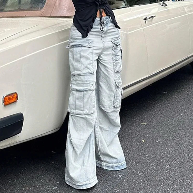 Amy Fashion - Straight Casual Multi-pocket Paneled Cargo Fashion Washed Wide Leg High-waisted High Street Y2K Jean