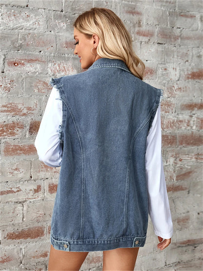 Denim Vest Autumn Washed Sleeveless Waistcoat Casual Baggy Jean Vest Jacket