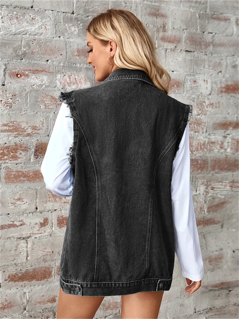 Denim Vest Autumn Washed Sleeveless Waistcoat Casual Baggy Jean Vest Jacket