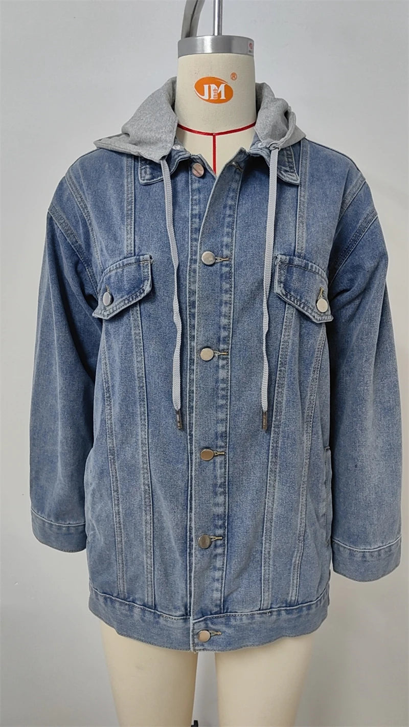 Jean Autumn Oversized Denim Detachable Hoodies Baggy Fashion Jacket