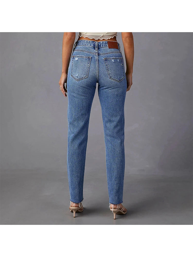 Amy Fashion - Stretch Blue High Waist Ripped Casual Fashion Streetwear Denim Jean