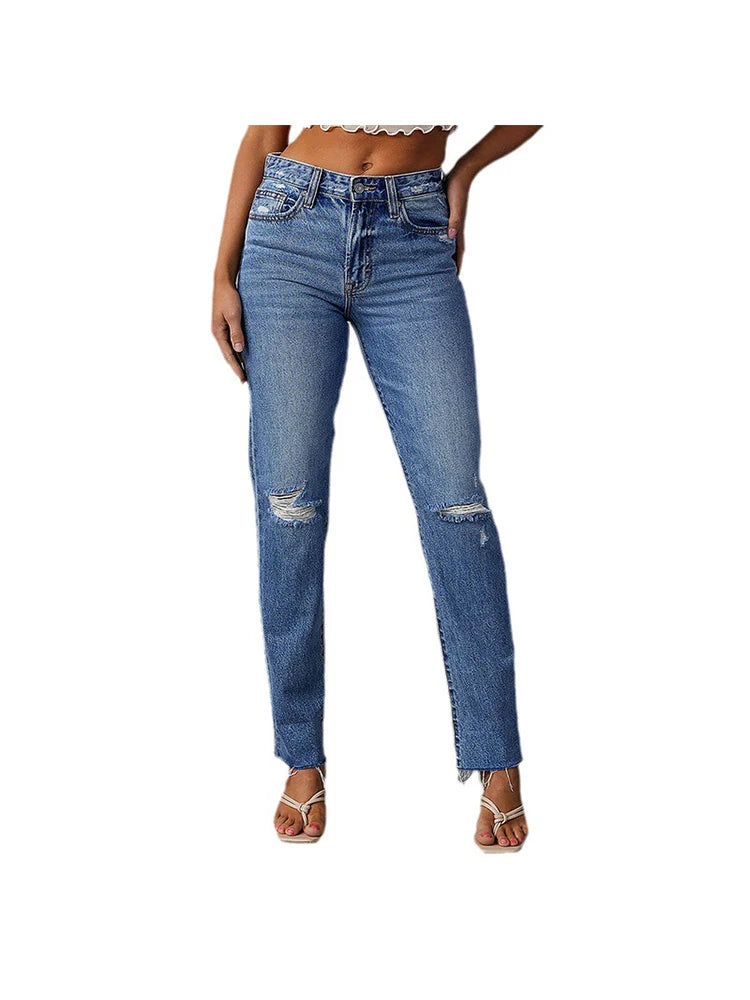 Amy Fashion - Stretch Blue High Waist Ripped Casual Fashion Streetwear Denim Jean