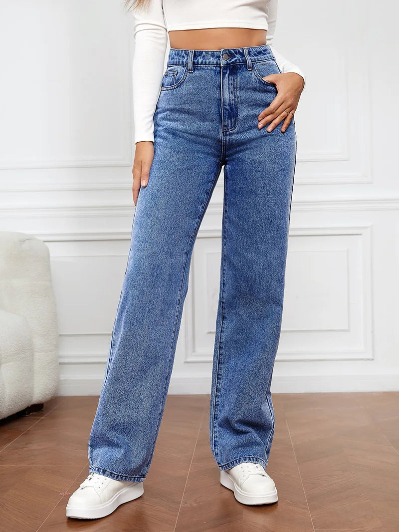 Amy Fashion - Stretch Straight-Leg Denim Trousers Women Loose Straight Washed Denim Pants Fashion Pants 2024 Fall Winter new Jean