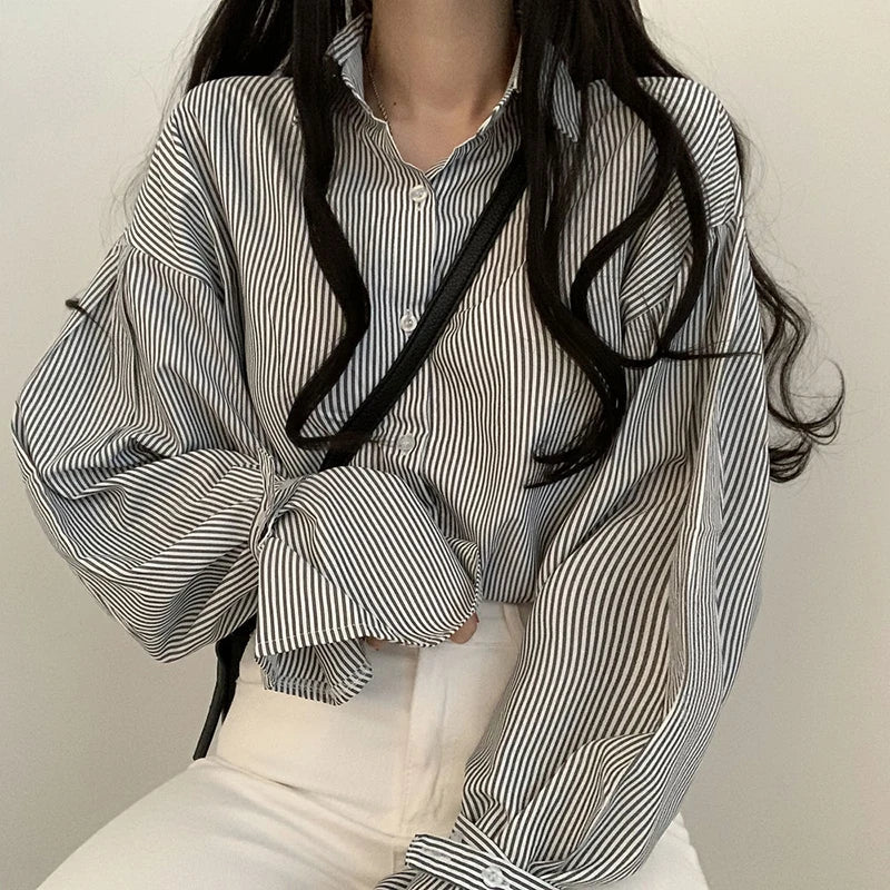 Stripe Loose Spring Retro Casual Elegant Lapel Leisure Blouse