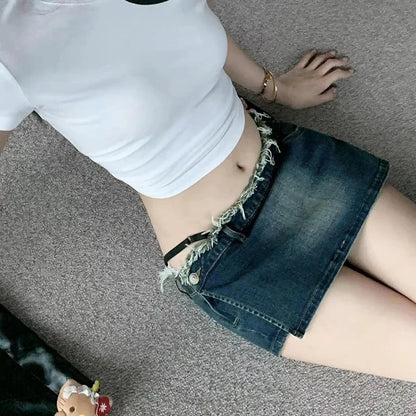 Summer Low Waist Straight Streetwear Denim Dress Korean Fashion Wrap Hips Skirt