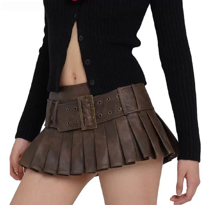 Retro Buckle Belt Low Waist Sexy Leather Pleated Mini Skirt