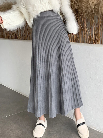 Knitted Long Maxi Casual Solid Thick Warm A-Line High Waist Ankle Length Skirt