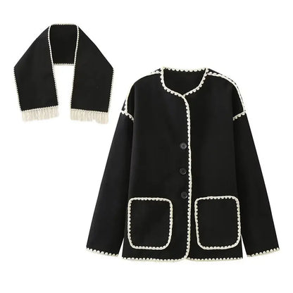 New O Neck Long Sleeve Crochet Contour Scarf Straight Button Pocket Vintage Casual Cozy Coat