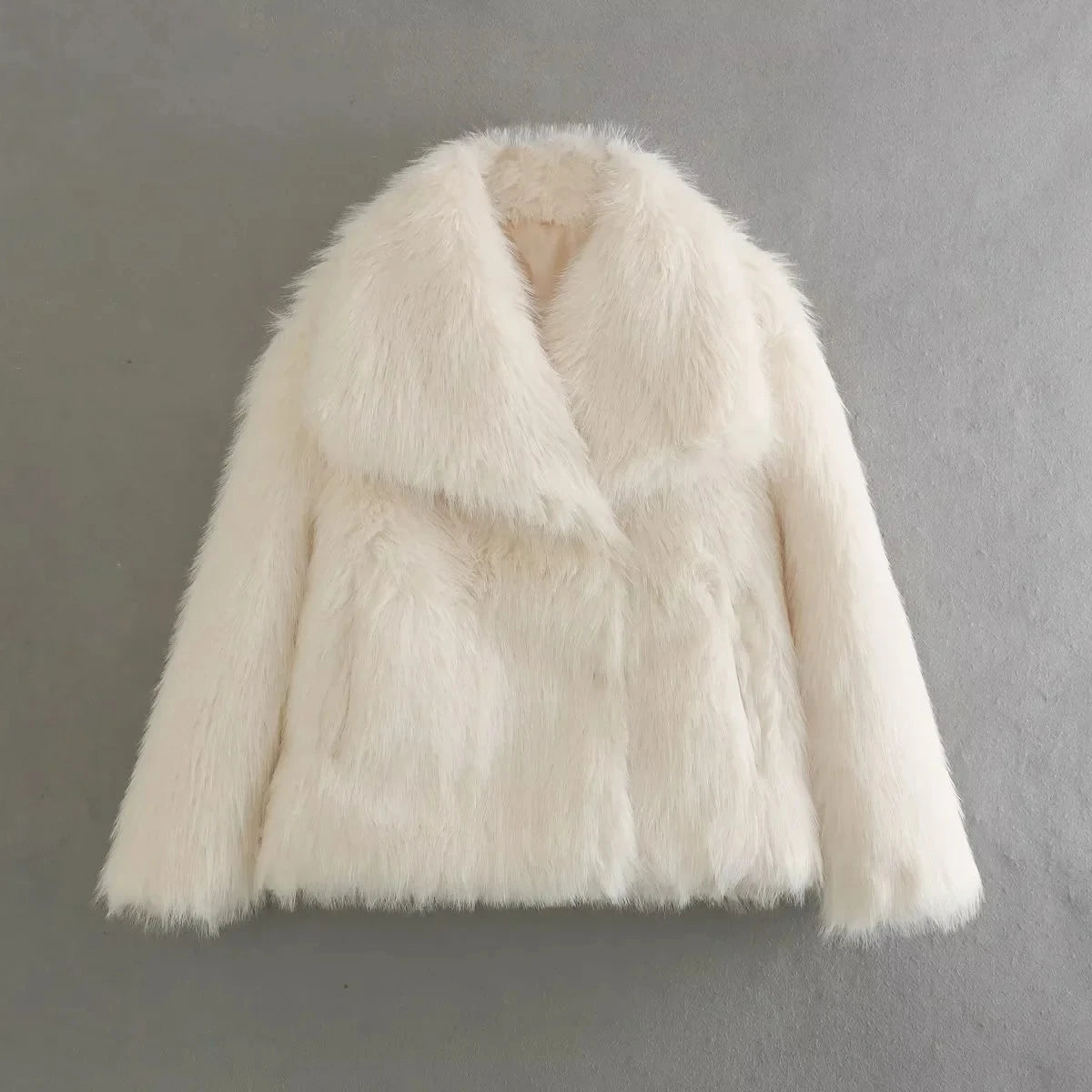 Fashion Faux Fur Cropped Autumn Winter Lapel Long Sleeve Thick Warm Chic Coat