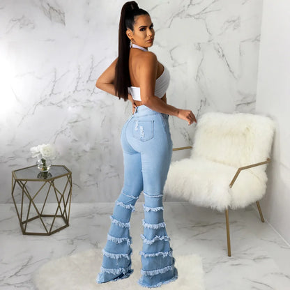 Amy Fashion - Tassel Thousand Layers Flared Design Light Blue Ripped Fashion Wide Leg Ladies Jean