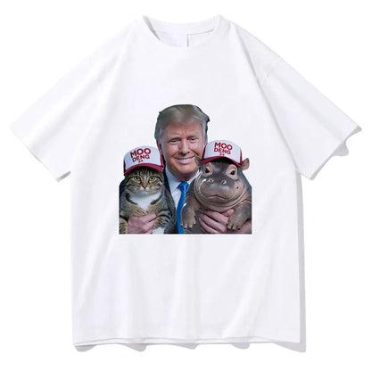 Unisex Cotton Funny Trump 24 Hippo Short Sleeve Men Women Graphic Vintage T-Shirt Moo Deng