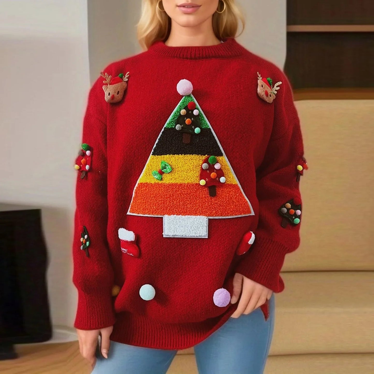 Christmas Tree Jacquard Round Neck Long Sleeve Fleece Christmas Sweater