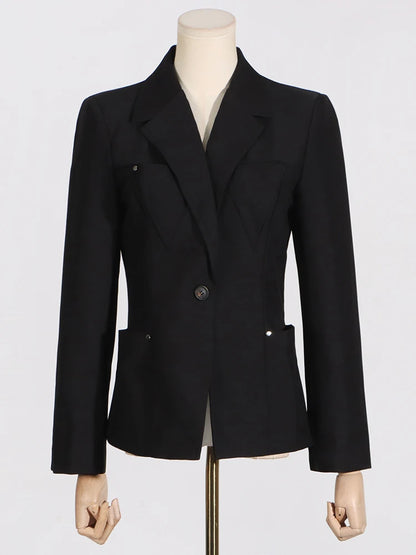 Elegant Solid Patchwork Single Button Notched Collar Long Sleeve Temperament Female Jackets New Blazer