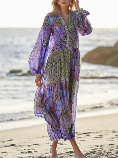 Amy Fashion - Elegant Floral Print Lantern Long Sleeve Chiffon Boho Dress